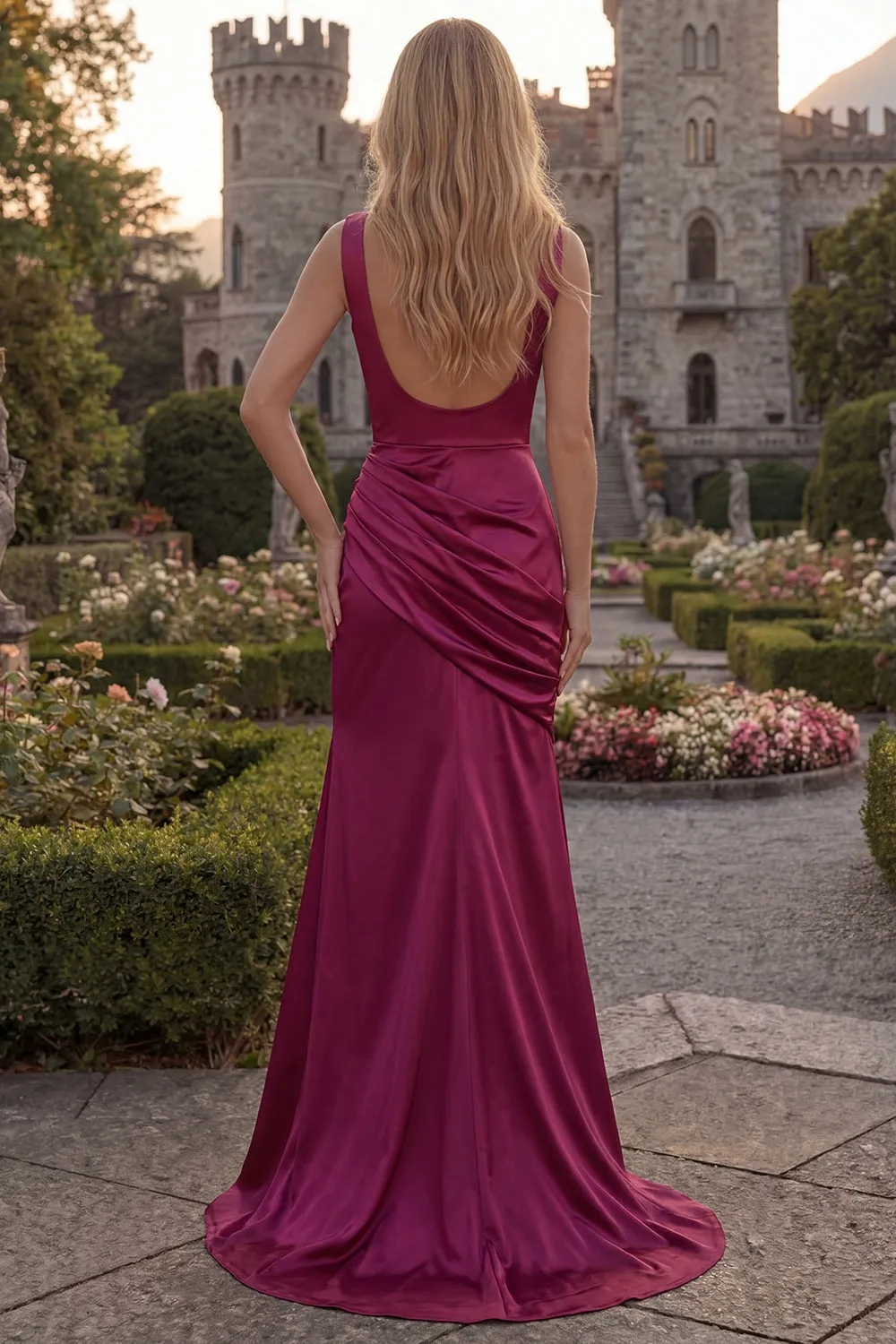 Burgundy Cowl Neck Mermaid Satin Long Prom Dress with Slit sold by Zapaka product image thumbnail 2