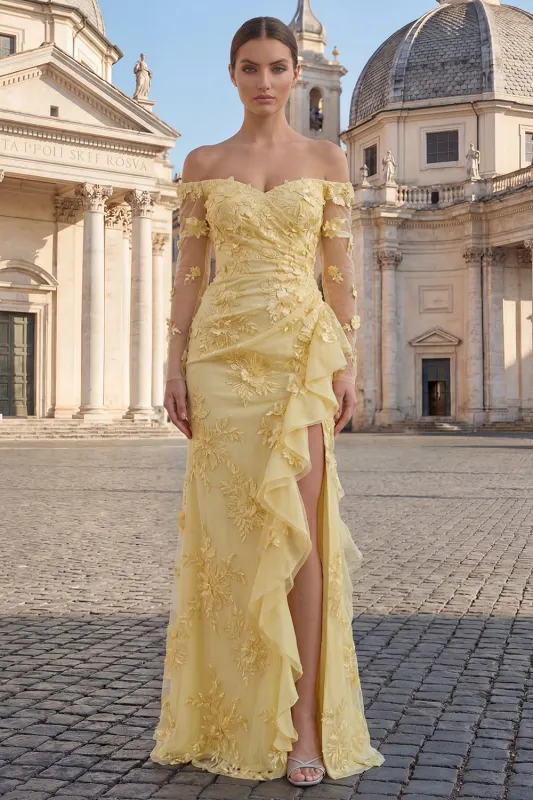 Yellow Sheath Off the Shoulder Floral Embroidery Tulle Maxi Dress with Ruffled Slit made by Zapaka