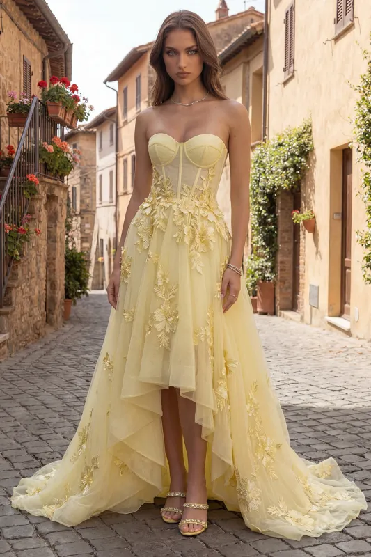 Yellow Strapless A Line Tulle Corset High-Low Dress with Floral Embroidery made by Zapaka