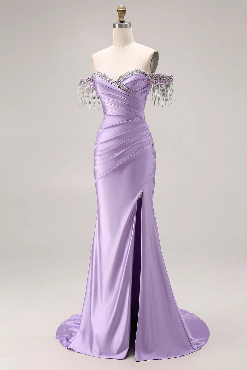 Satin Light Purple Mermaid Sweetheart Ruched Beaded Long Prom Dress with Slit sold by Zapaka product image thumbnail 3