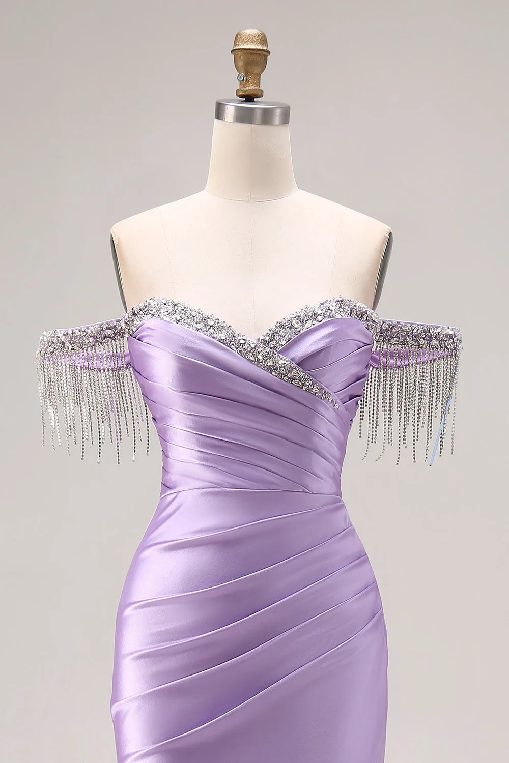 Satin Light Purple Mermaid Sweetheart Ruched Beaded Long Prom Dress with Slit sold by Zapaka product image thumbnail 4