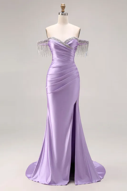 Satin Light Purple Mermaid Sweetheart Ruched Beaded Long Prom Dress with Slit made by Zapaka