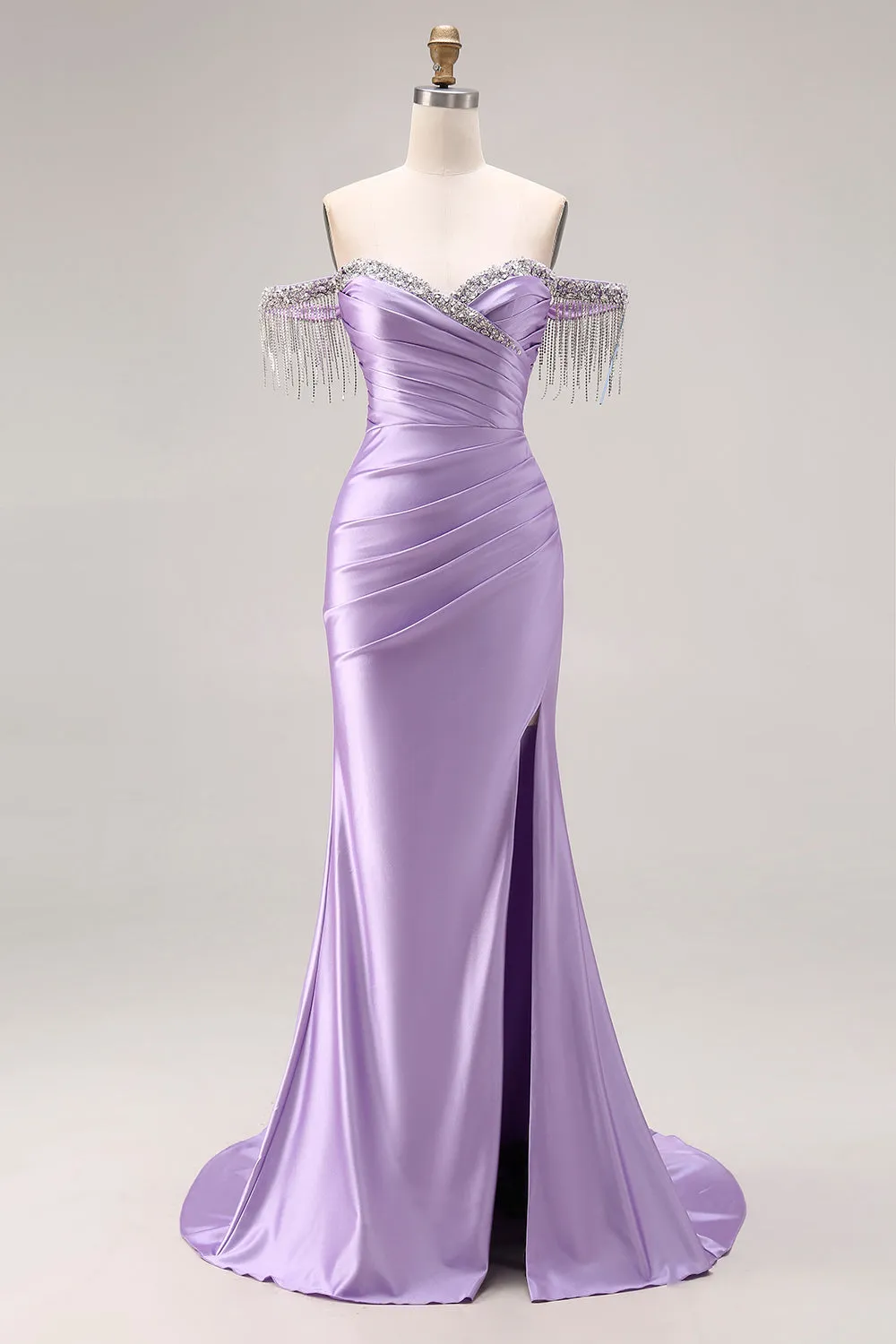 Satin Light Purple Mermaid Sweetheart Ruched Beaded Long Prom Dress with Slit sold by Zapaka