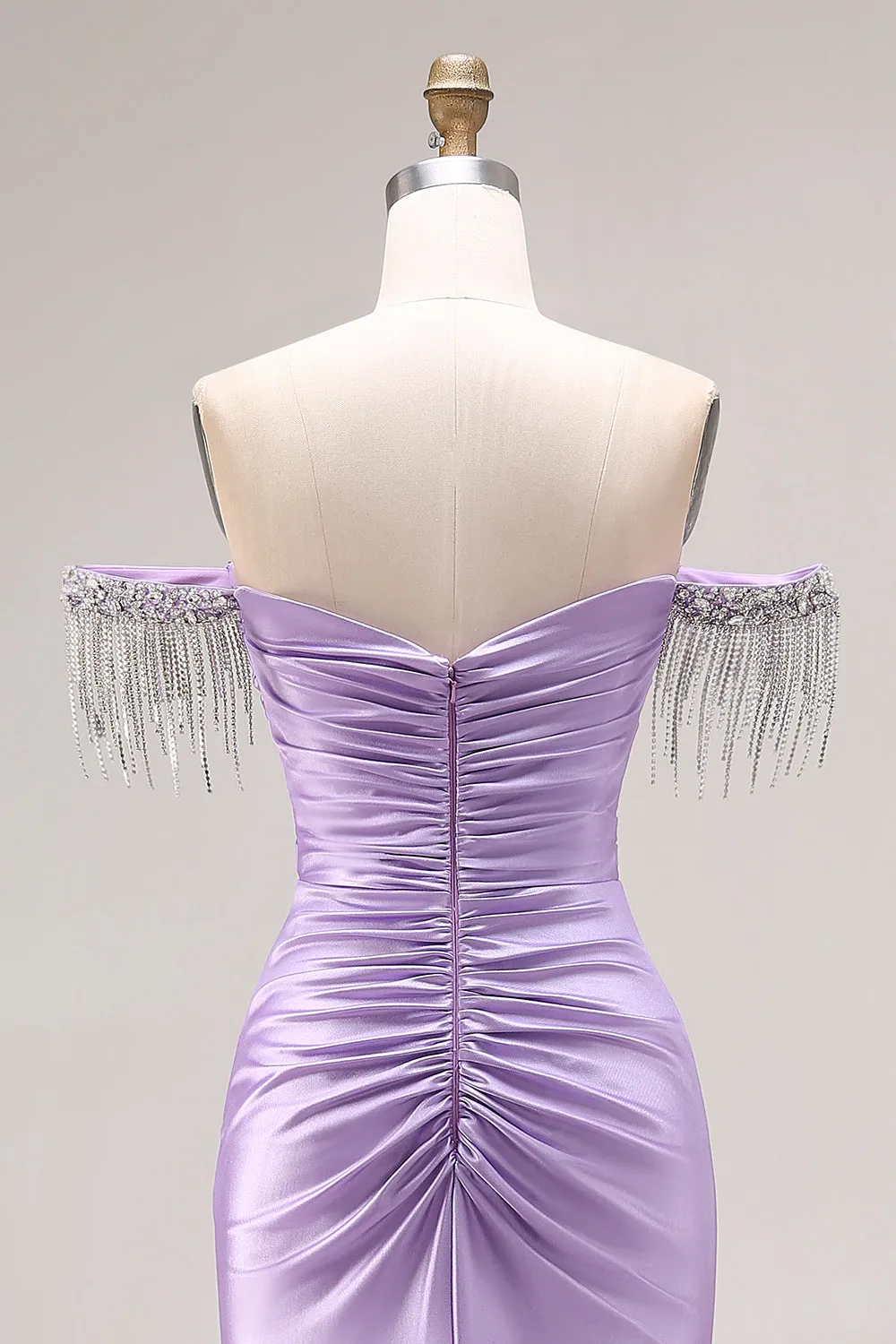 Satin Light Purple Mermaid Sweetheart Ruched Beaded Long Prom Dress with Slit sold by Zapaka product image thumbnail 5