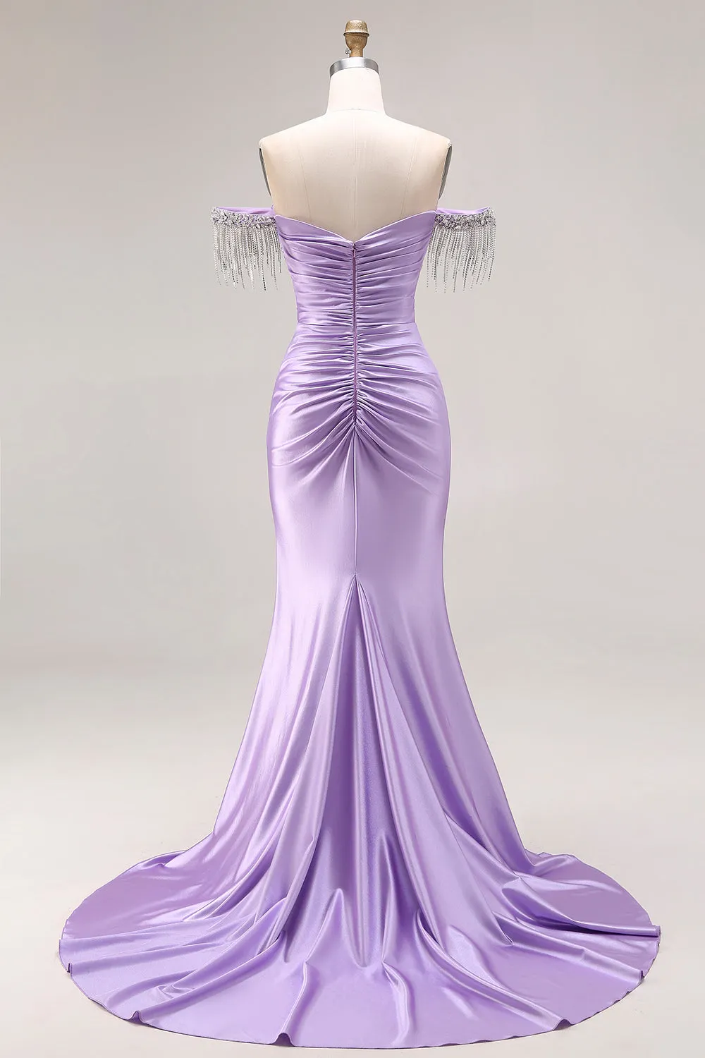 Satin Light Purple Mermaid Sweetheart Ruched Beaded Long Prom Dress with Slit sold by Zapaka product image thumbnail 2