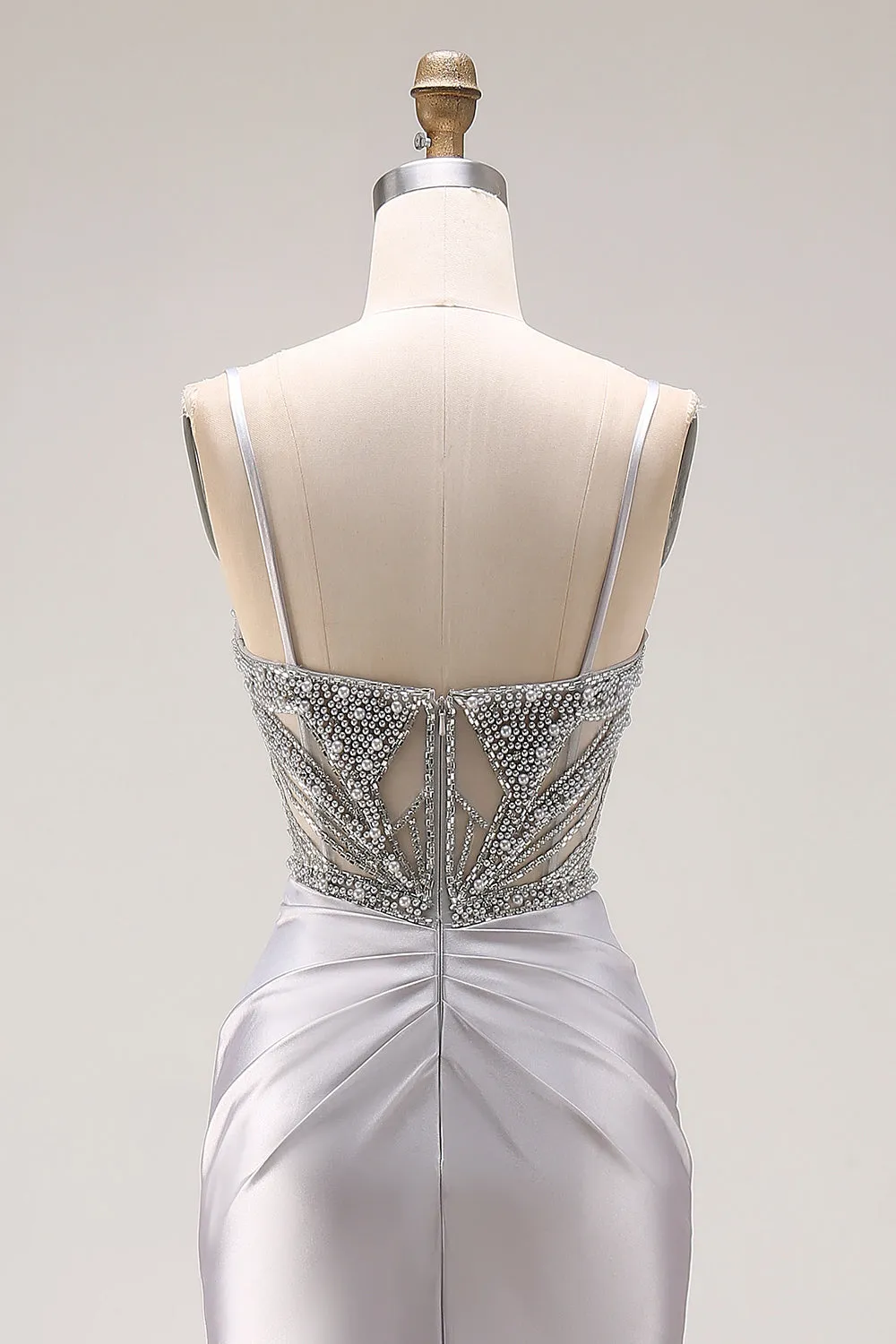 Sparkly Light Grey Satin Mermaid Ruched Beaded Long Prom Dress with Slit sold by Zapaka product image thumbnail 5