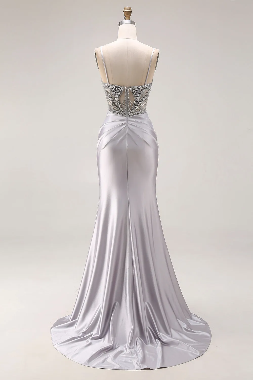 Sparkly Light Grey Satin Mermaid Ruched Beaded Long Prom Dress with Slit sold by Zapaka product image thumbnail 2