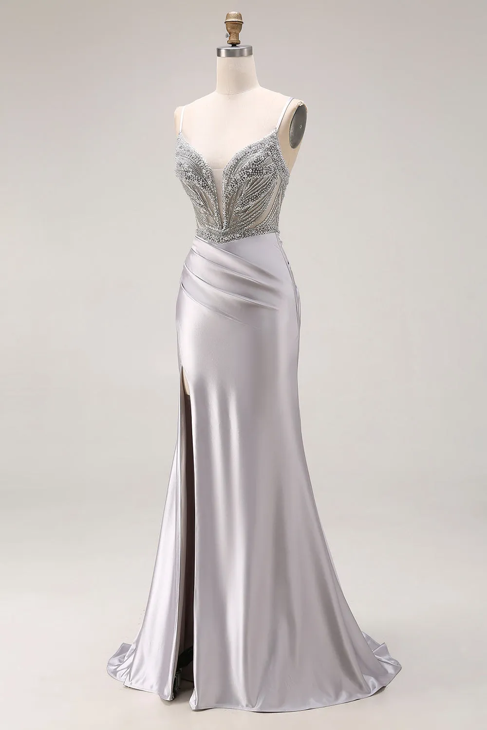 Sparkly Light Grey Satin Mermaid Ruched Beaded Long Prom Dress with Slit sold by Zapaka product image thumbnail 3