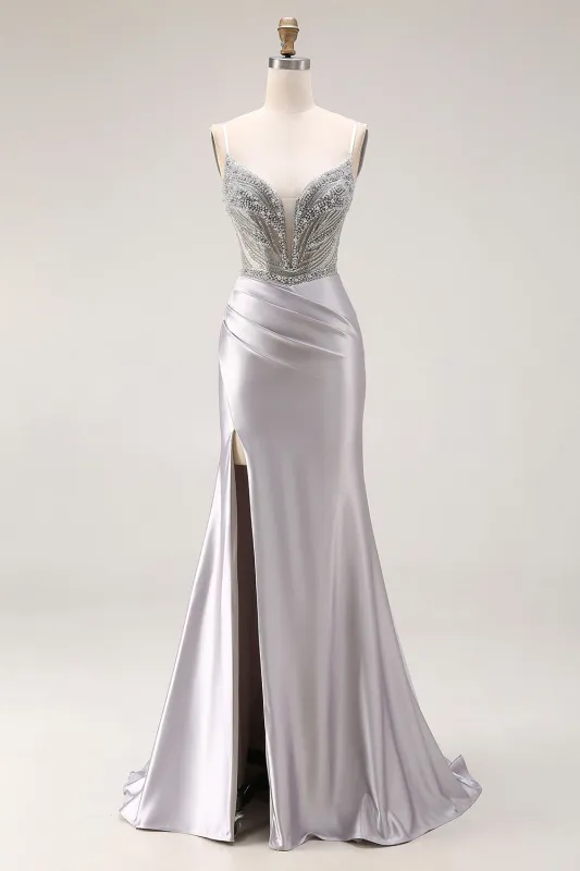 Sparkly Light Grey Satin Mermaid Ruched Beaded Long Prom Dress with Slit made by Zapaka