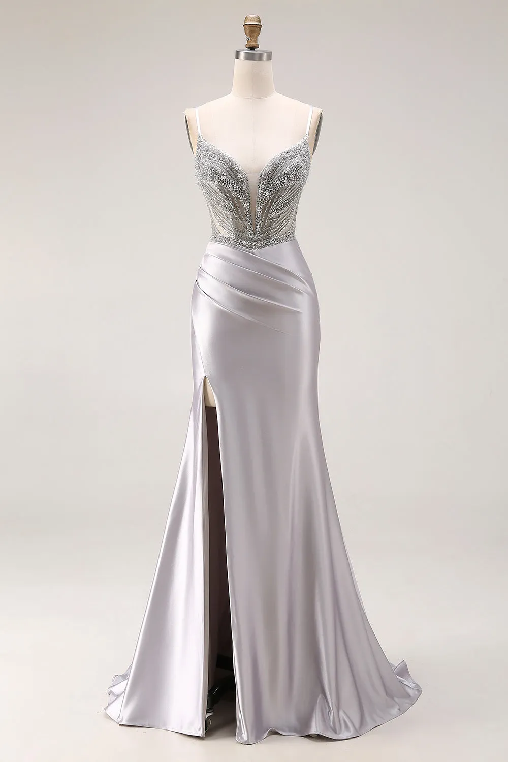 Sparkly Light Grey Satin Mermaid Ruched Beaded Long Prom Dress with Slit sold by Zapaka