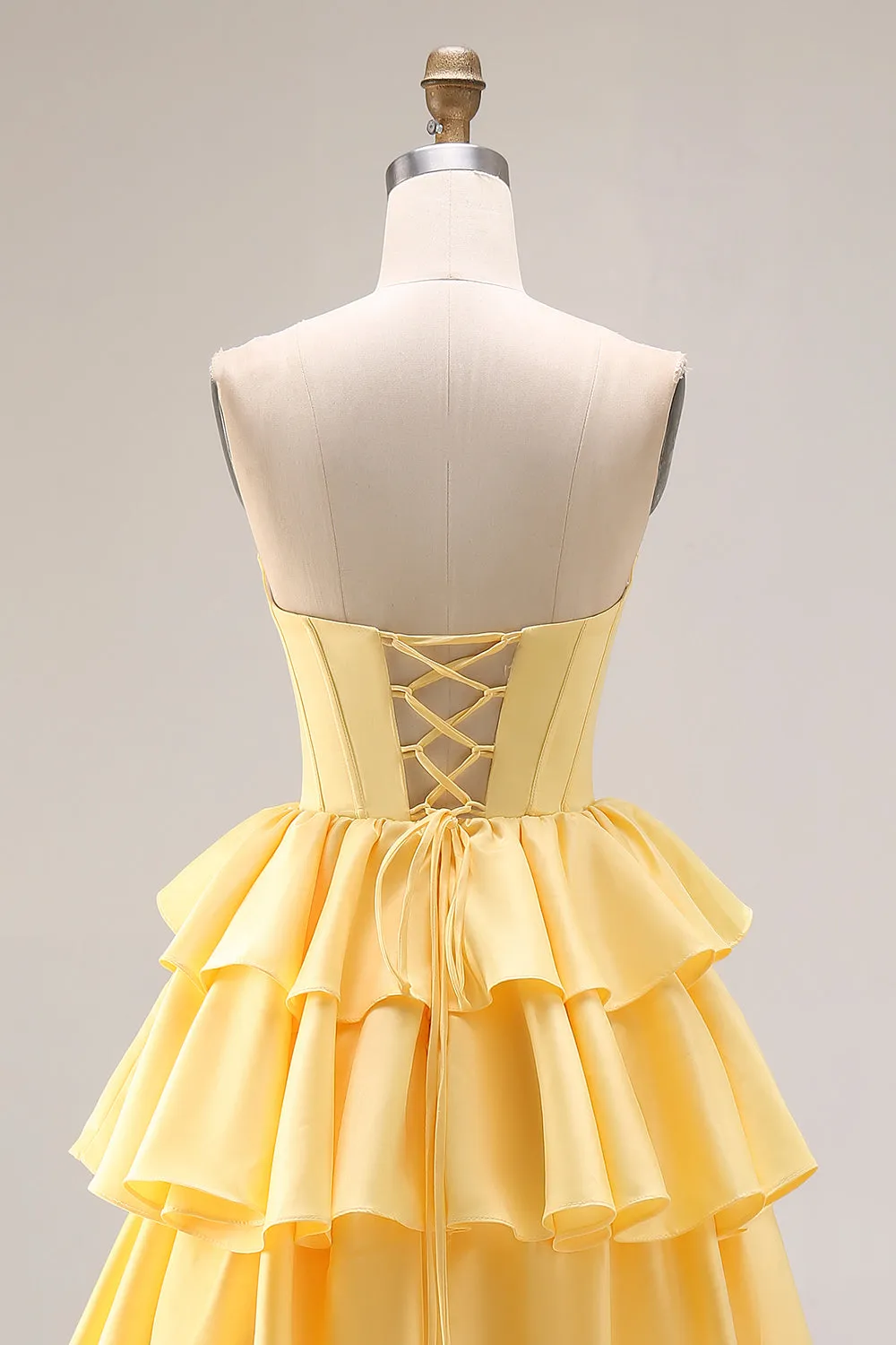 Yellow Sweetheart A-Line Tiered Corset Lace-Up Back Prom Dress with Slit sold by Zapaka product image thumbnail 5