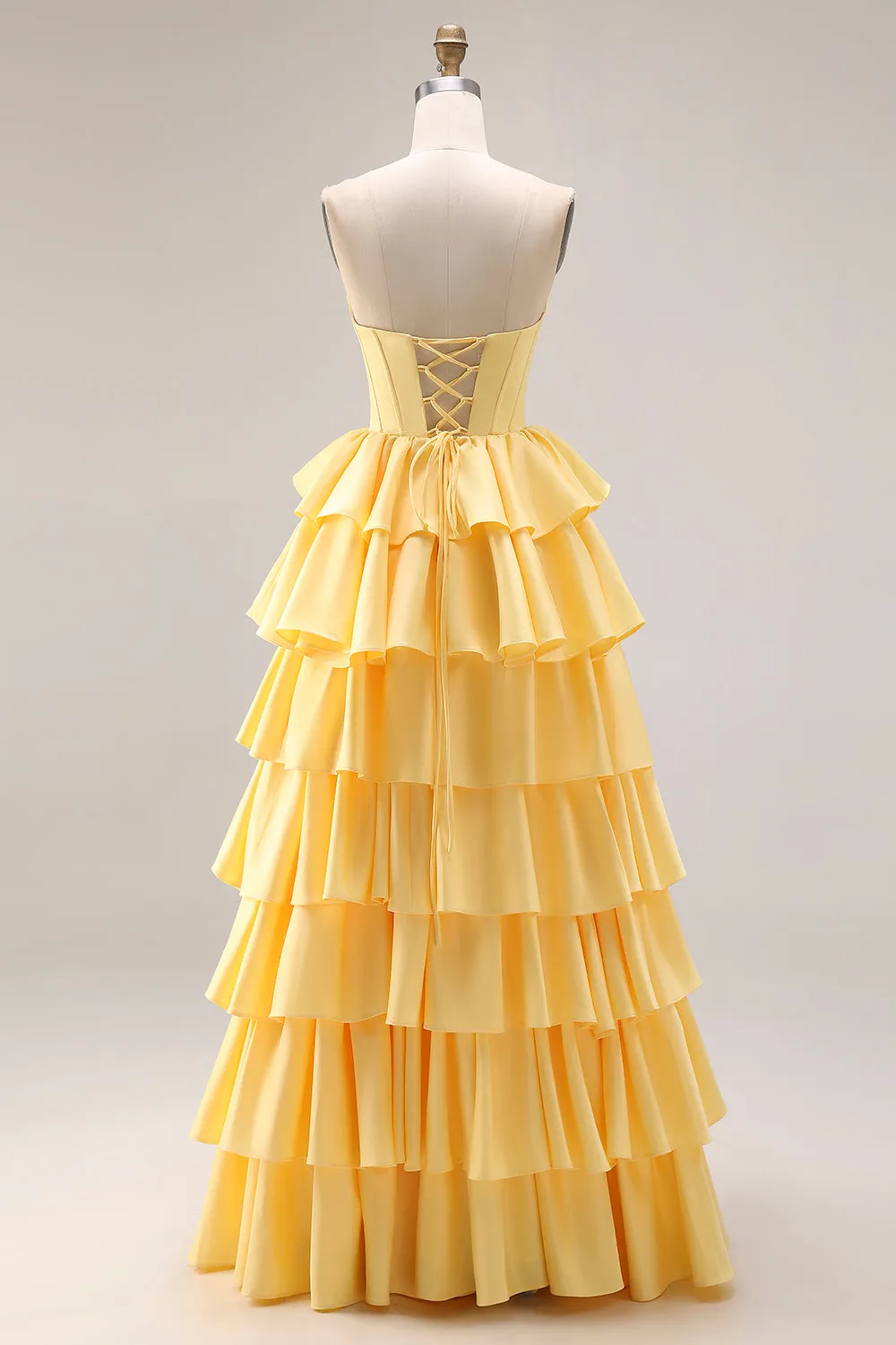 Yellow Sweetheart A-Line Tiered Corset Lace-Up Back Prom Dress with Slit sold by Zapaka product image thumbnail 2