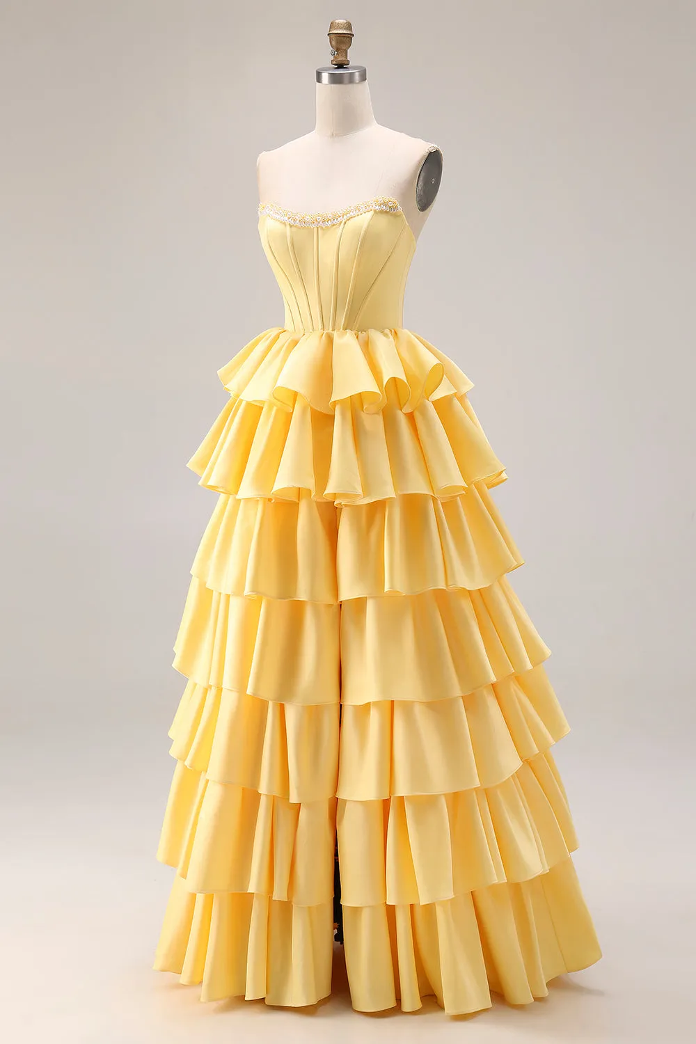 Yellow Sweetheart A-Line Tiered Corset Lace-Up Back Prom Dress with Slit sold by Zapaka product image thumbnail 3