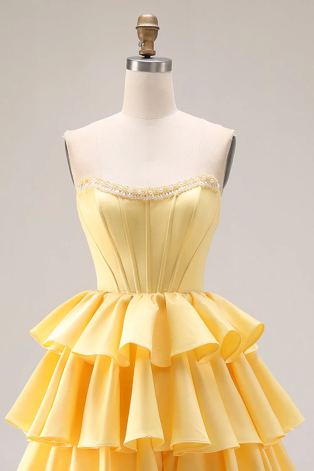 Yellow Sweetheart A-Line Tiered Corset Lace-Up Back Prom Dress with Slit sold by Zapaka product image thumbnail 4