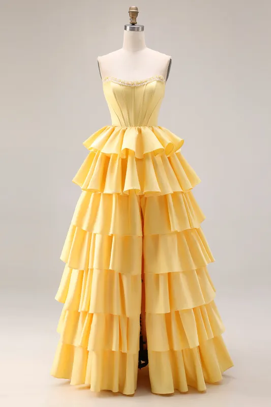 Yellow Sweetheart A-Line Tiered Corset Lace-Up Back Prom Dress with Slit made by Zapaka
