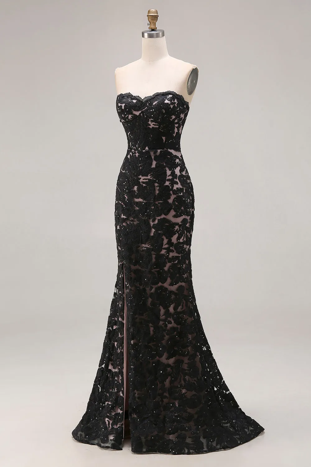 Lace Black Mermaid Sweetheart Lace-Up Back Long Prom Dress with Slit sold by Zapaka product image thumbnail 3