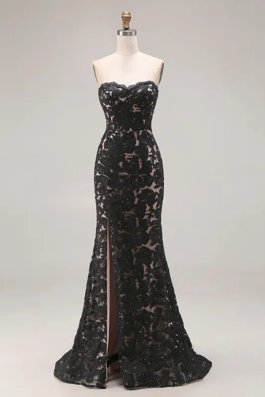 Lace Black Mermaid Sweetheart Lace-Up Back Long Prom Dress with Slit made by Zapaka