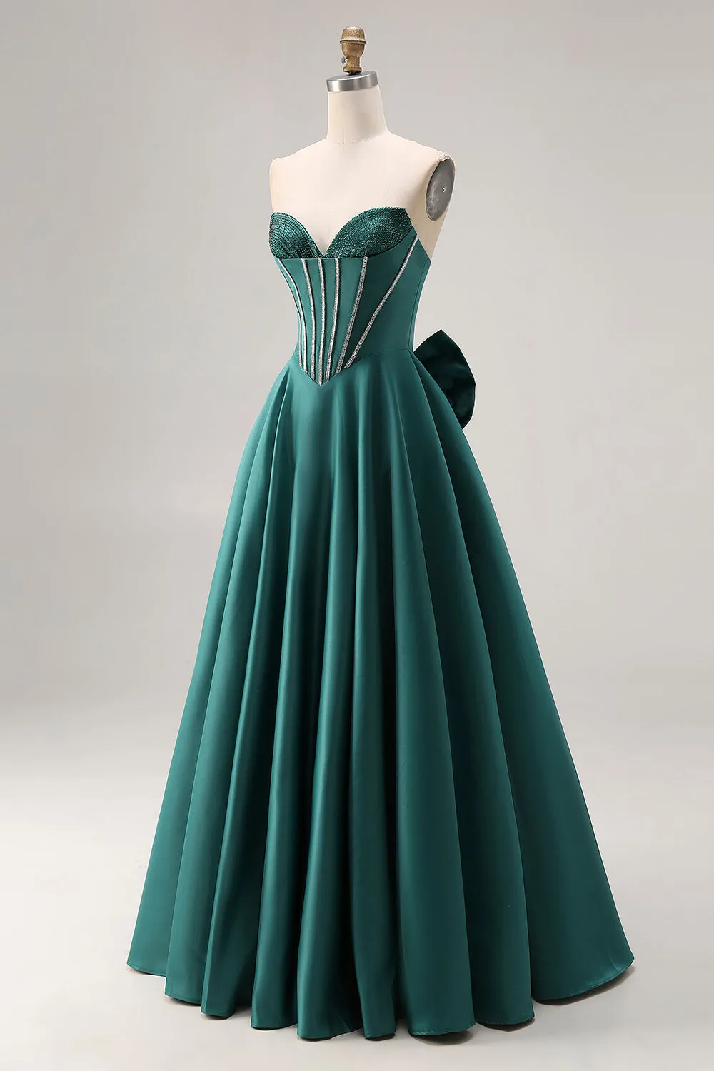 Dark Green A-Line Satin Sweetheart Corset Beaded Long Porm Dress with Bow sold by Zapaka product image thumbnail 3