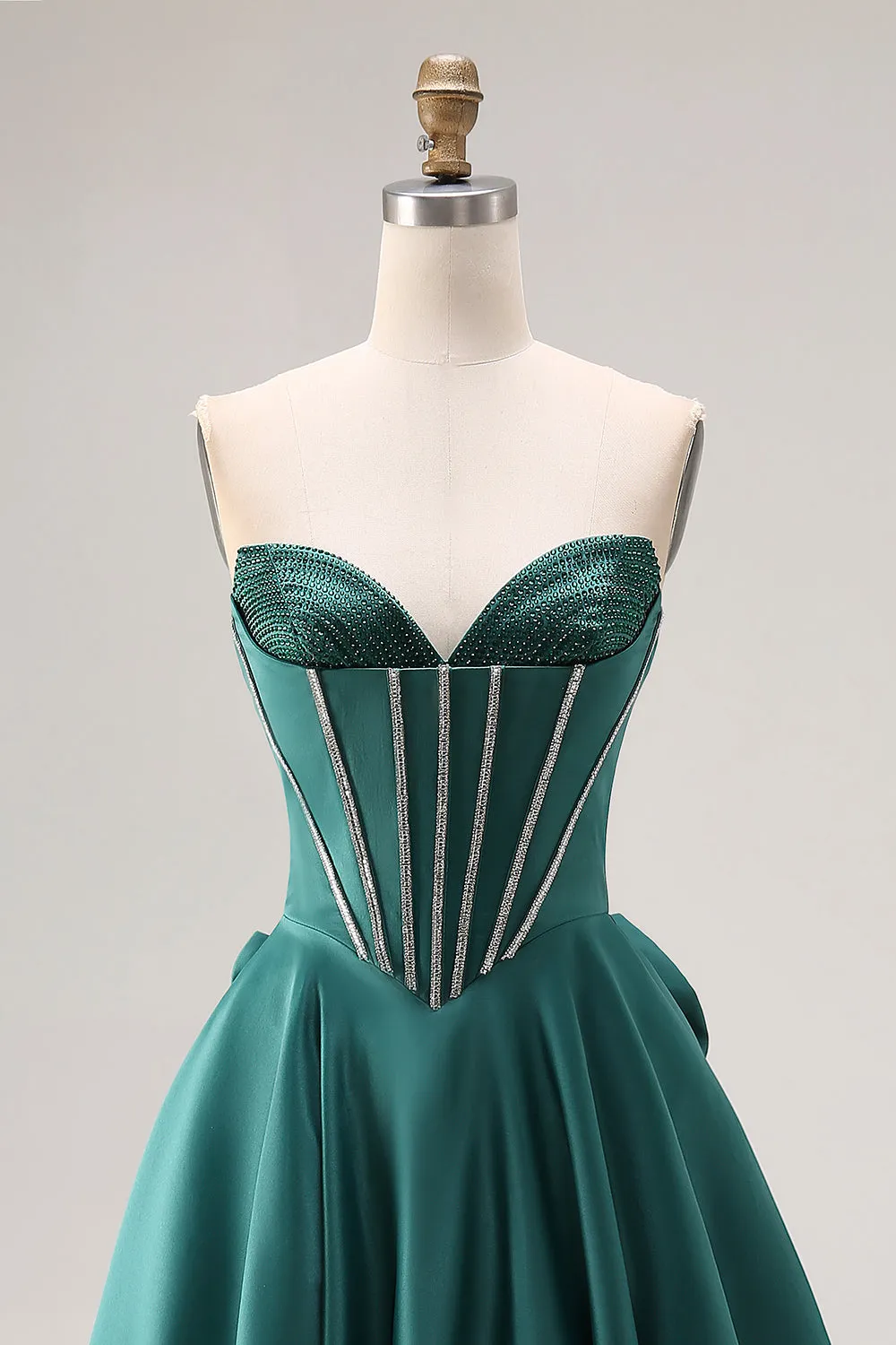 Dark Green A-Line Satin Sweetheart Corset Beaded Long Porm Dress with Bow sold by Zapaka product image thumbnail 4