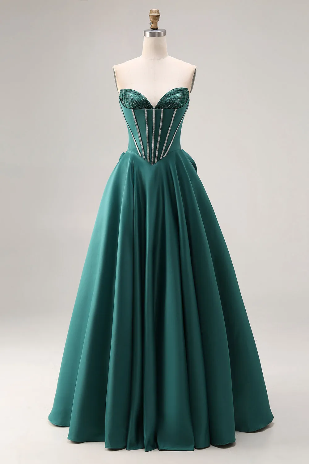 Dark Green A-Line Satin Sweetheart Corset Beaded Long Porm Dress with Bow sold by Zapaka