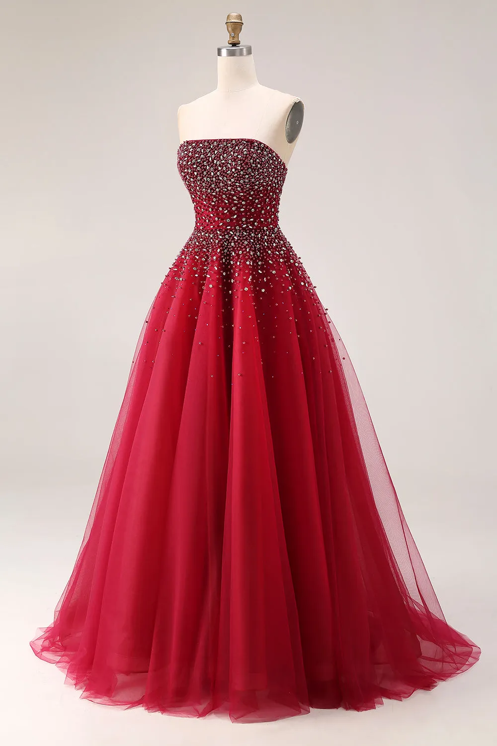 Red Strapless A-Line Tulle Long Prom Dress with Beading sold by Zapaka product image thumbnail 3