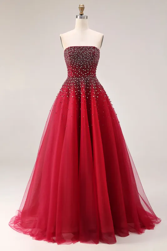 Red Strapless A-Line Tulle Long Prom Dress with Beading made by Zapaka