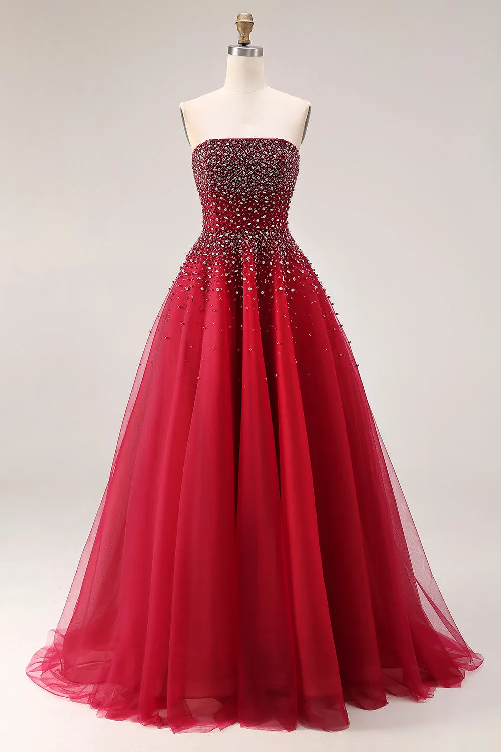 Red Strapless A-Line Tulle Long Prom Dress with Beading sold by Zapaka