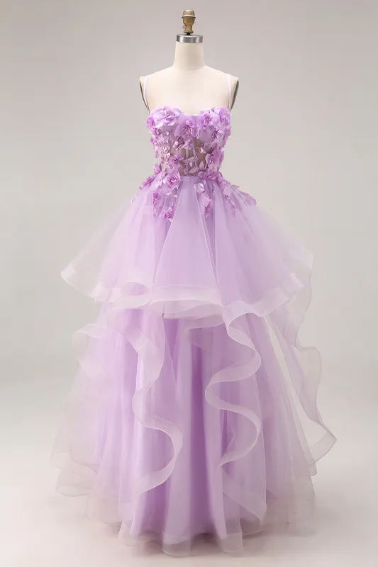 Lilac Organza Sweetheart A-Line Lace-Up Back Long Prom Dress with Appliques made by Zapaka