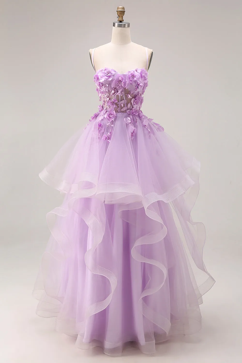 Lilac Organza Sweetheart A-Line Lace-Up Back Long Prom Dress with Appliques sold by Zapaka