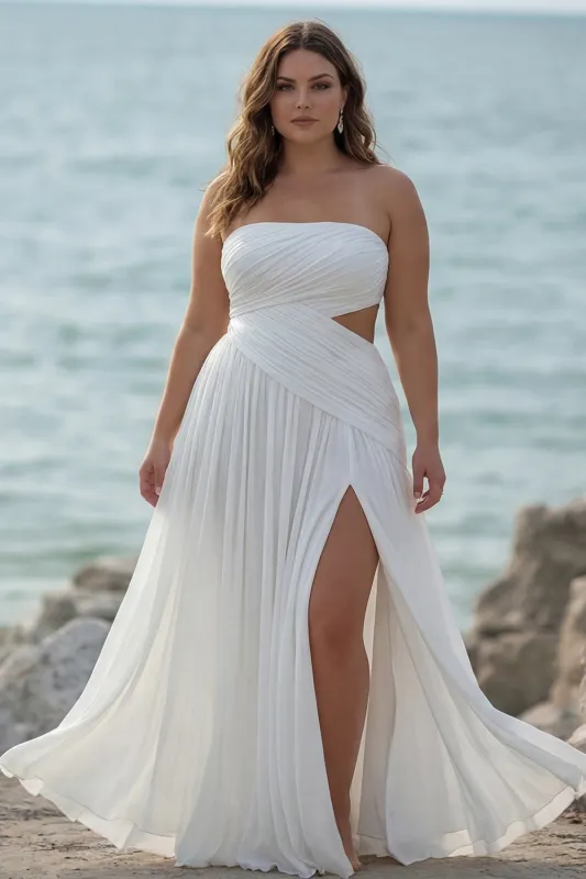 Strapless White A Line Pleated Plus Size Beach Dress with Slit made by Zapaka