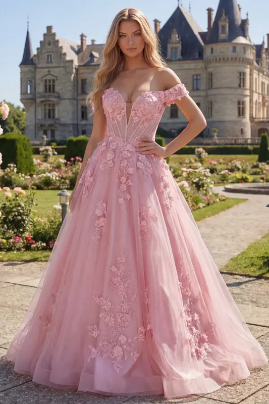 Off The Shoulder Pink A-Line Long Corset Prom Dress with 3D Flowers made by Zapaka