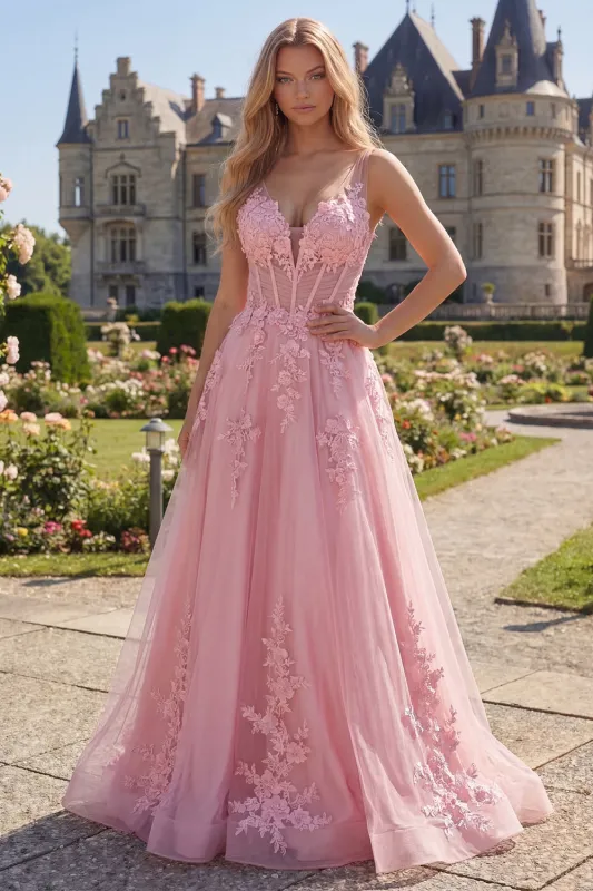 Pink A-Line V-Neck Corset Long Tulle Prom Dress made by Zapaka