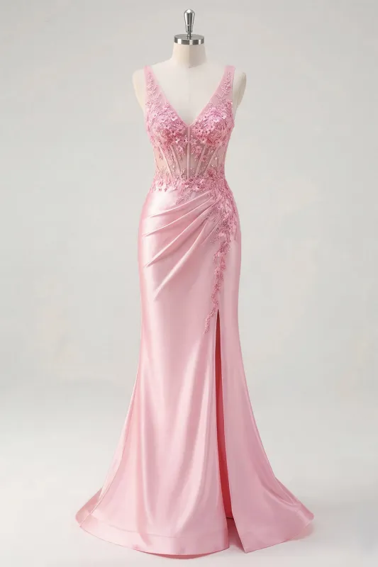 Pink Sheer Corset Mermaid 3D Flowers Long Prom Dress with Side Slit sold by Zapaka