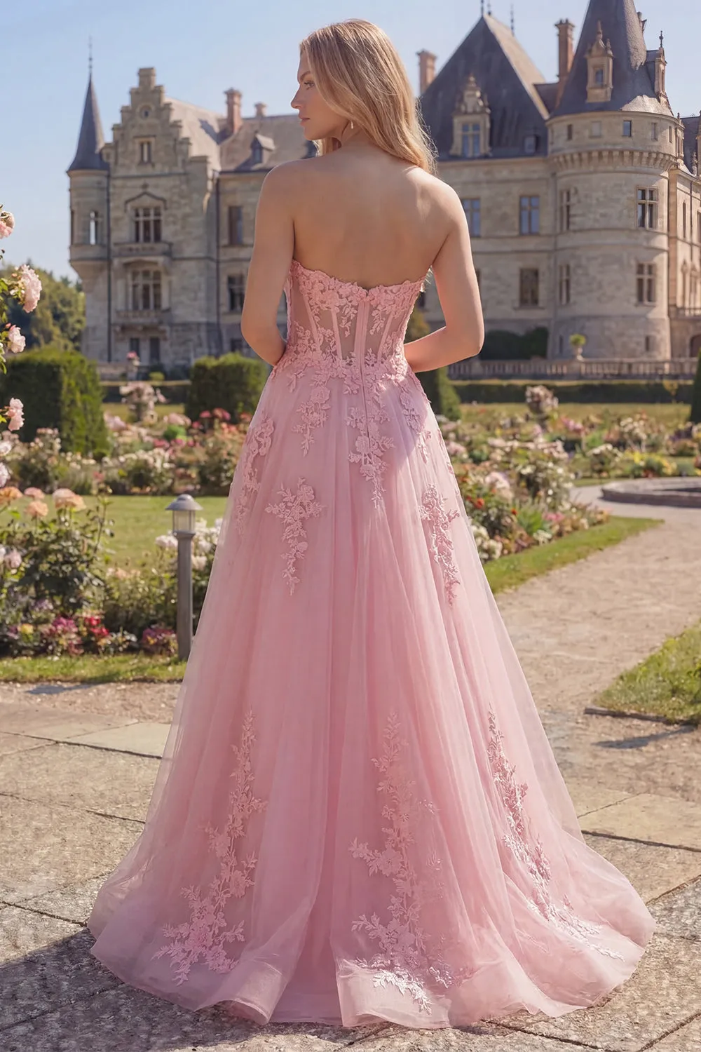 Sweetheart Pink Corset A-Line Long Prom Dress with Appliques sold by Zapaka product image thumbnail 2