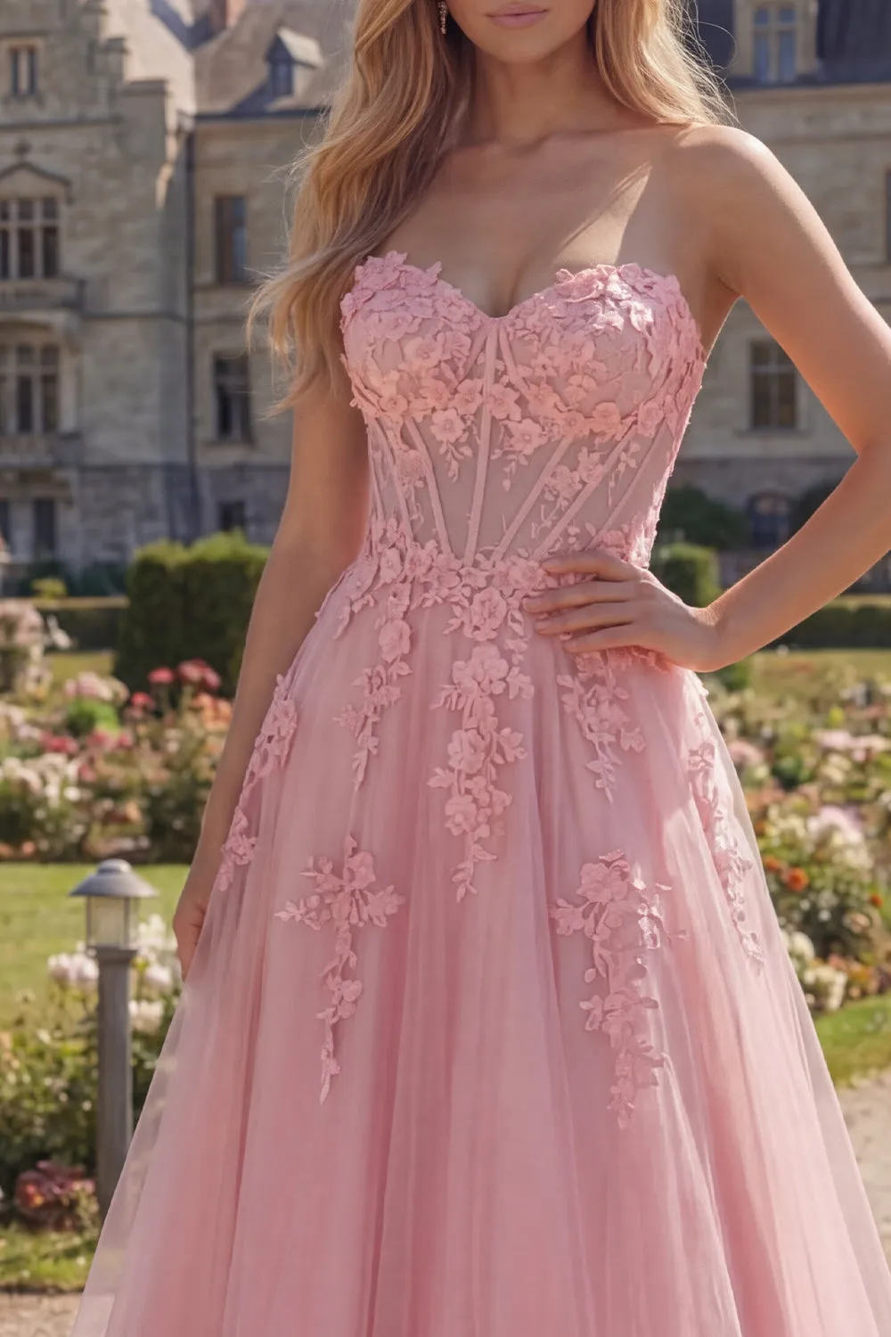 Sweetheart Pink Corset A-Line Long Prom Dress with Appliques sold by Zapaka product image thumbnail 3