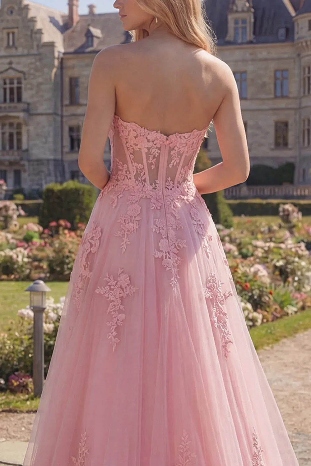 Sweetheart Pink Corset A-Line Long Prom Dress with Appliques sold by Zapaka product image thumbnail 4