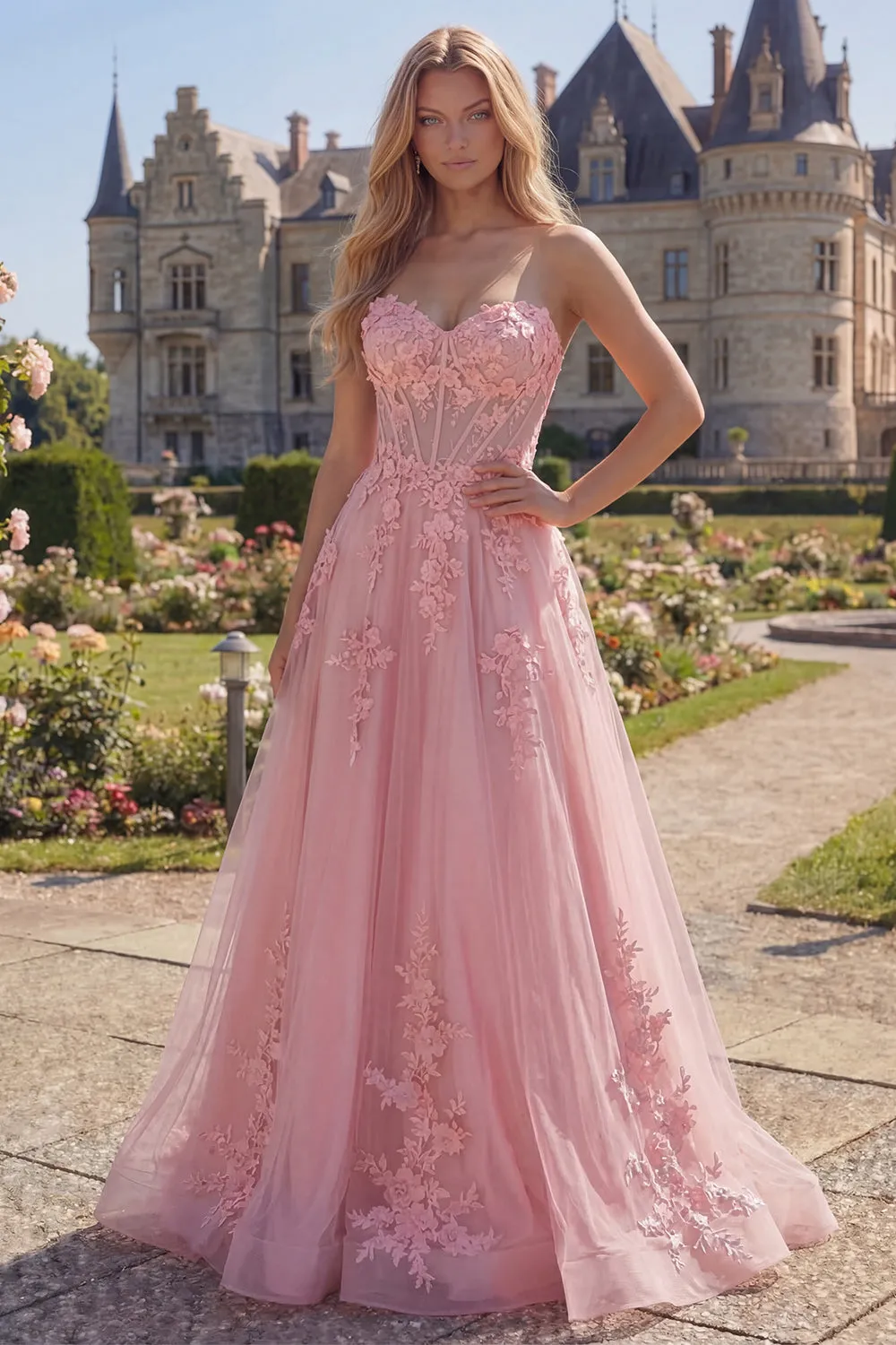 Sweetheart Pink Corset A-Line Long Prom Dress with Appliques sold by Zapaka
