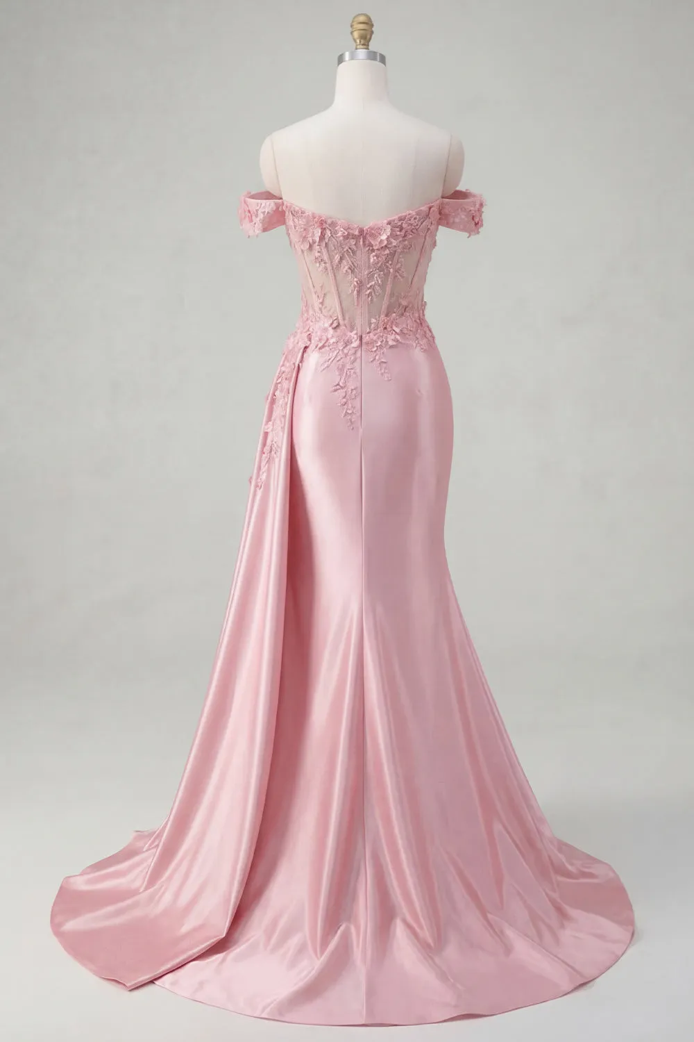 Pink Mermaid Sheer Corset Off The Shoulder Long Prom Dress with Slit sold by Zapaka product image thumbnail 4