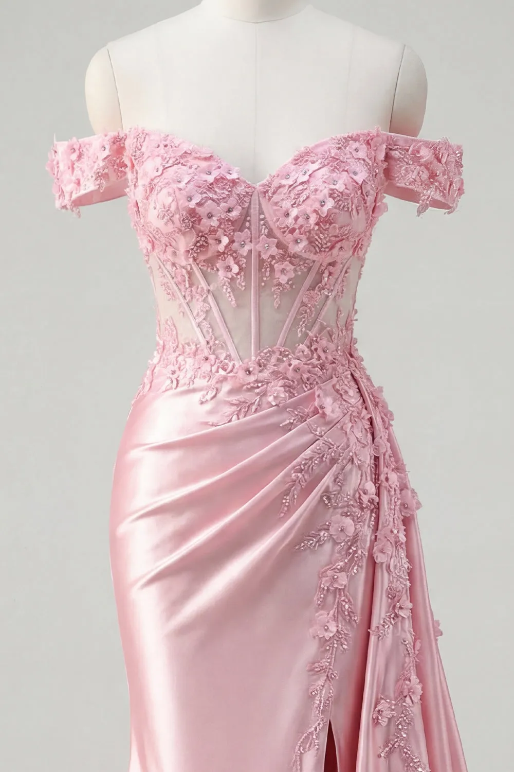 Pink Mermaid Sheer Corset Off The Shoulder Long Prom Dress with Slit sold by Zapaka product image thumbnail 5