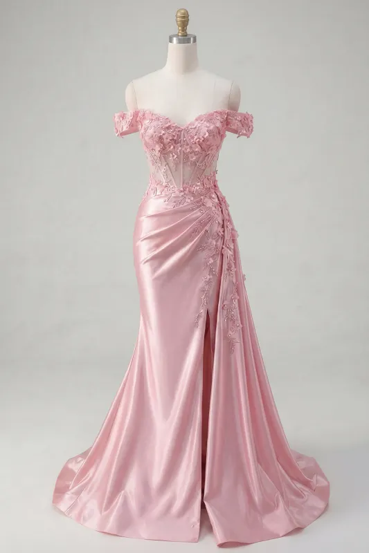 Pink Mermaid Sheer Corset Off The Shoulder Long Prom Dress with Slit made by Zapaka