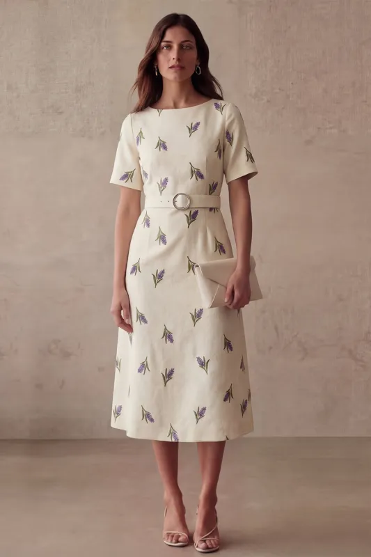 Sheath Ivory Purple Flowers Round Neck Midi Work Dress with Belt made by Zapaka