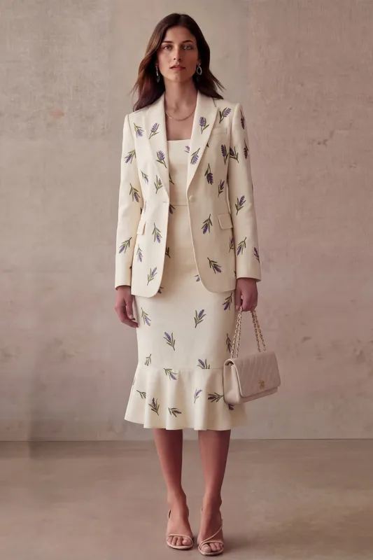 Ivory Purple Flowers 2 Piece One Button Peak Lapel Work Dress with Ruffles made by Zapaka