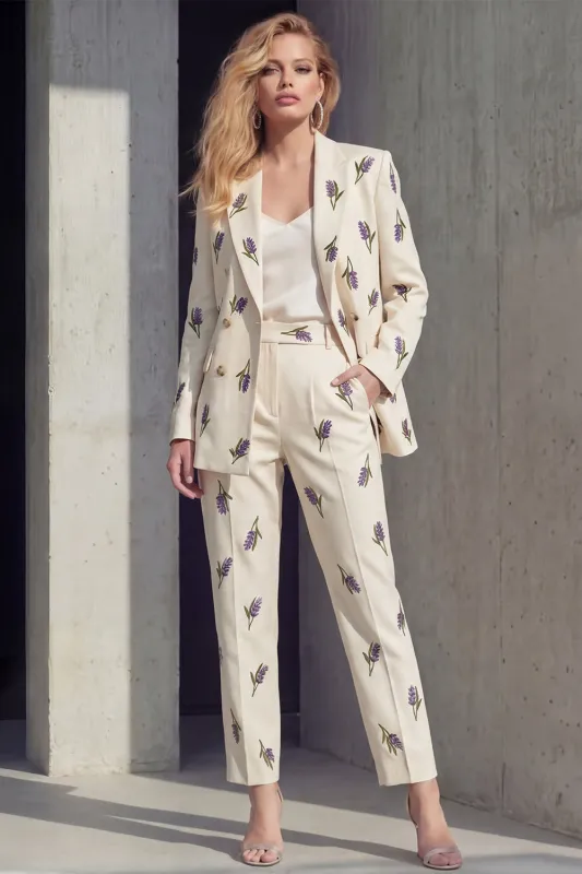 Ivory Purple Flowers 2 Piece Double Breasted Peak Lapel Women Suits made by Zapaka