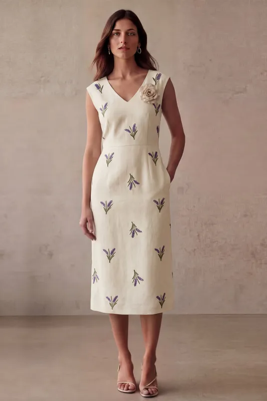 Ivory Purple Flowers Bodycon V-Neck Midi Work Dress with Slit made by Zapaka