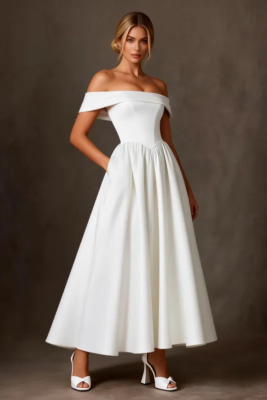 Off the Shoulder A-Line White Long Engagement Dress made by Zapaka