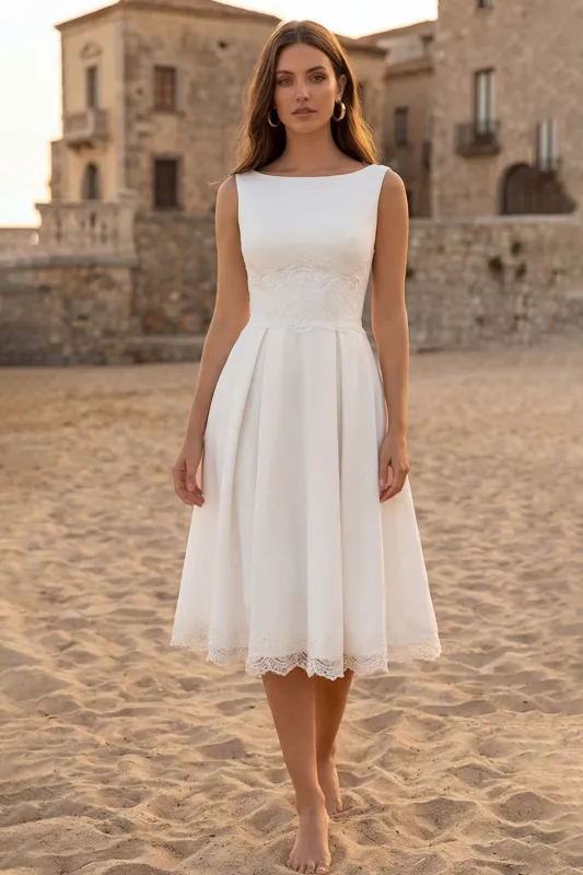 Ivory Bateau Neck A-Line Midi Engagement Dress with Appliques made by Zapaka