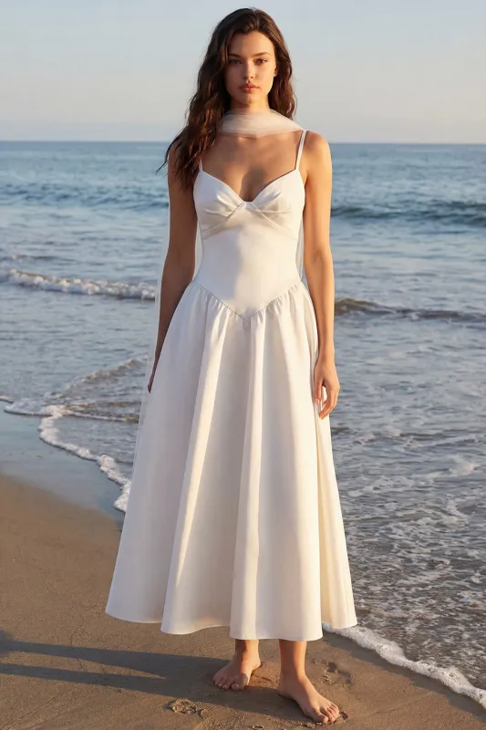 Ivory A-Line Spaghetti Straps Midi Bridal Shower Dress with Neck Scarf made by Zapaka