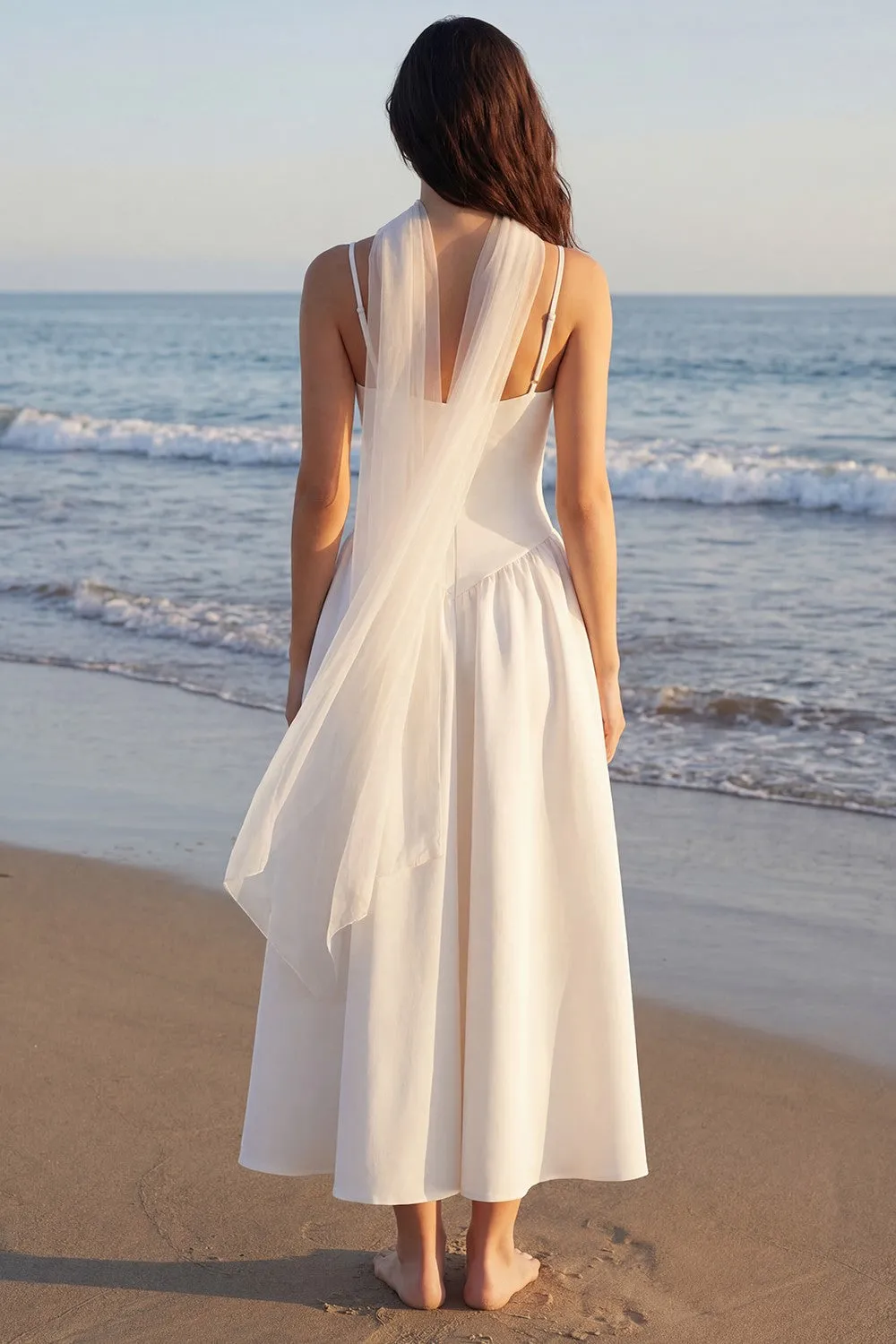 Ivory A-Line Spaghetti Straps Midi Bridal Shower Dress with Neck Scarf sold by Zapaka product image thumbnail 2