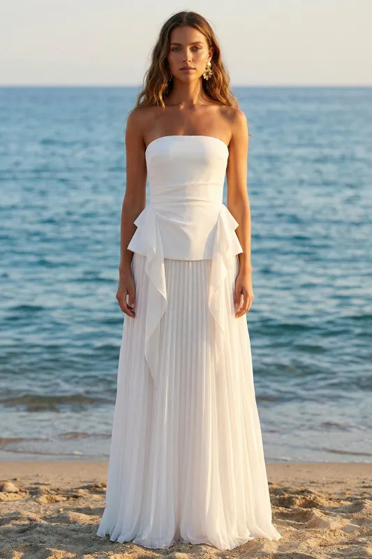 Ivory Tulle Strapless Ruched Pleated Long Bridal Shower Dress with Ruffles made by Zapaka