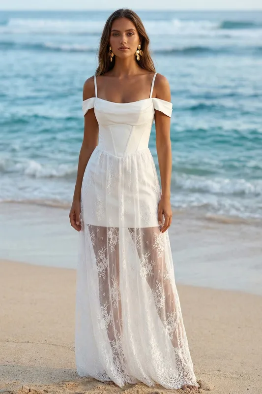 Ivory Cold Shoulder Corset Long Sheath Wedding Reception Dress with Lace made by Zapaka